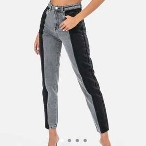 ADIKA Y2K Two Tone Color Block Jeans Women Size L Black Grey Straight Leg